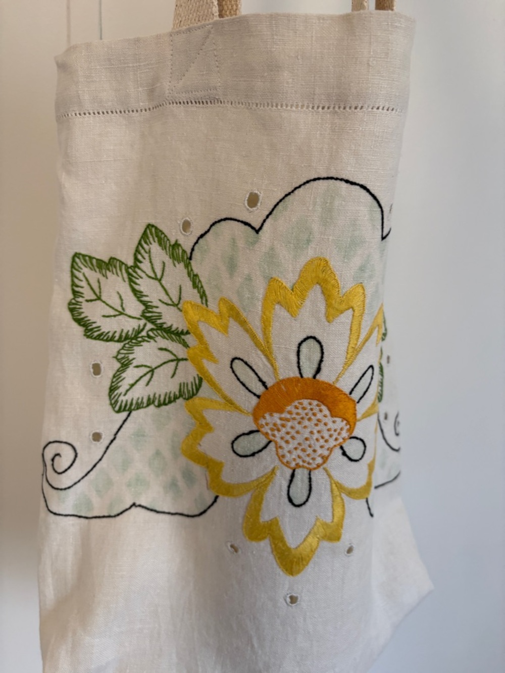 Linen Embroidered Floral Tote Bag in Cream and Yellow - Picture 5 of 10